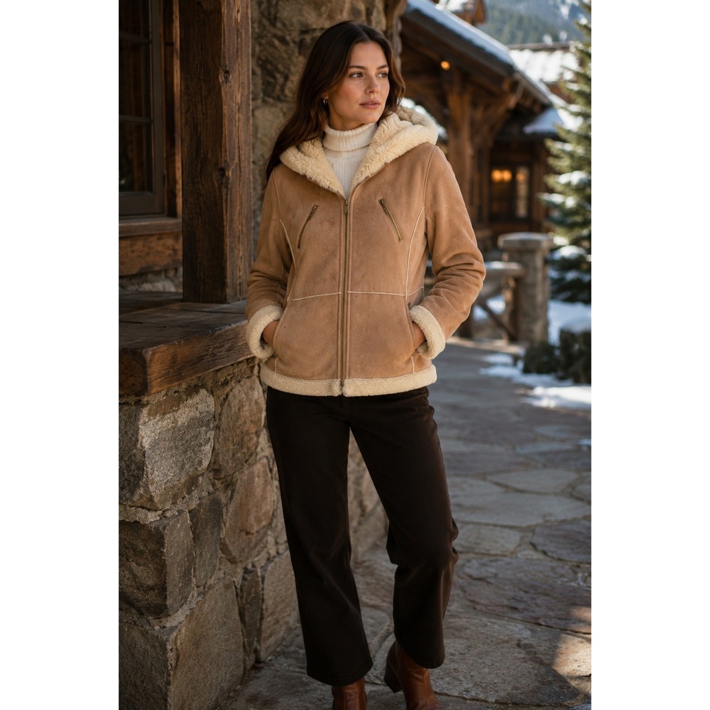 Giacca Womens Faux Suede Shearling Hooded Jacket Tan Brown Full Zip Medium
